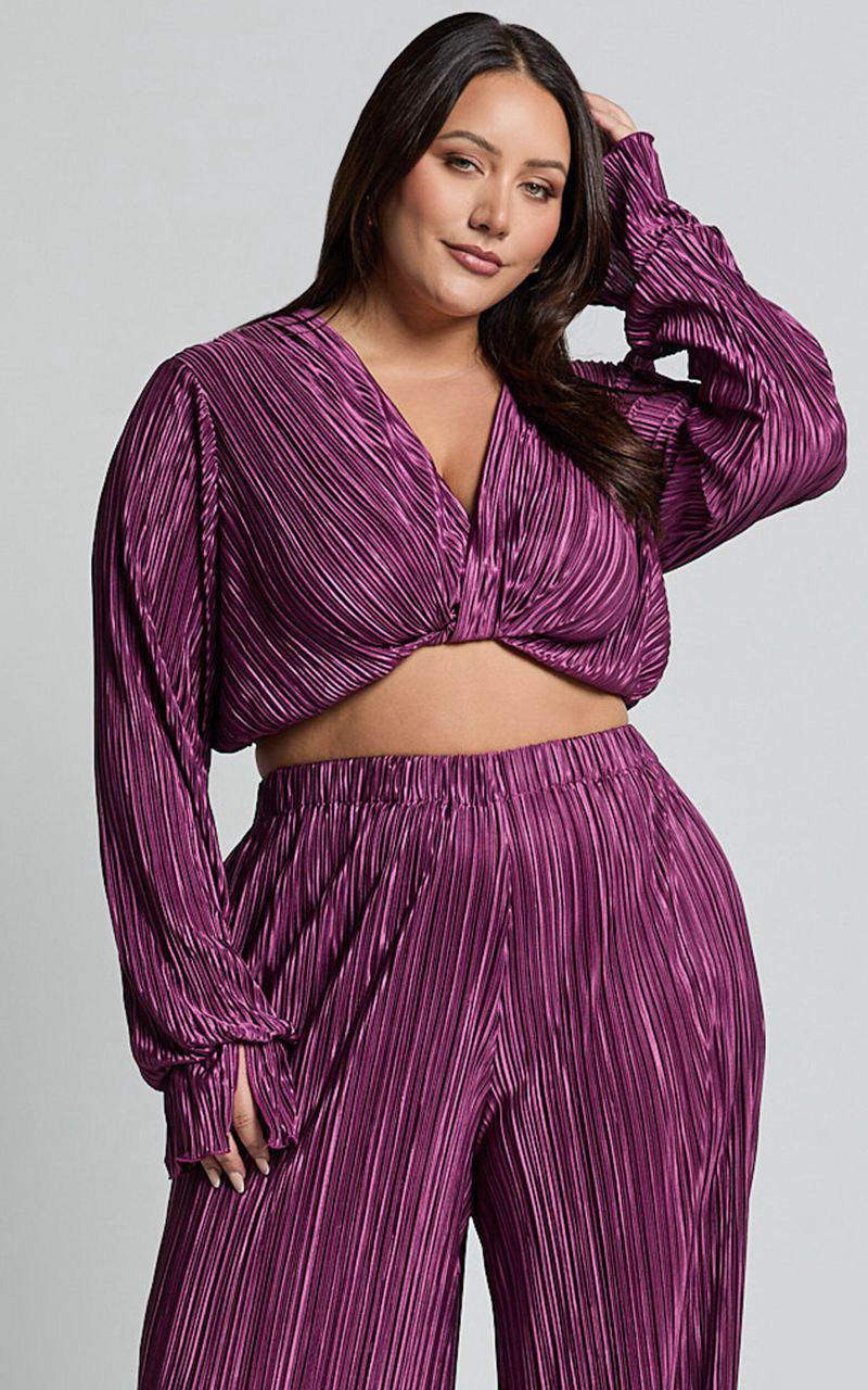 Showpo Aluna Two Piece Set - Plisse Twist Front Crop Top And Wide Leg Pants Set Aubergine | AVPQFE845