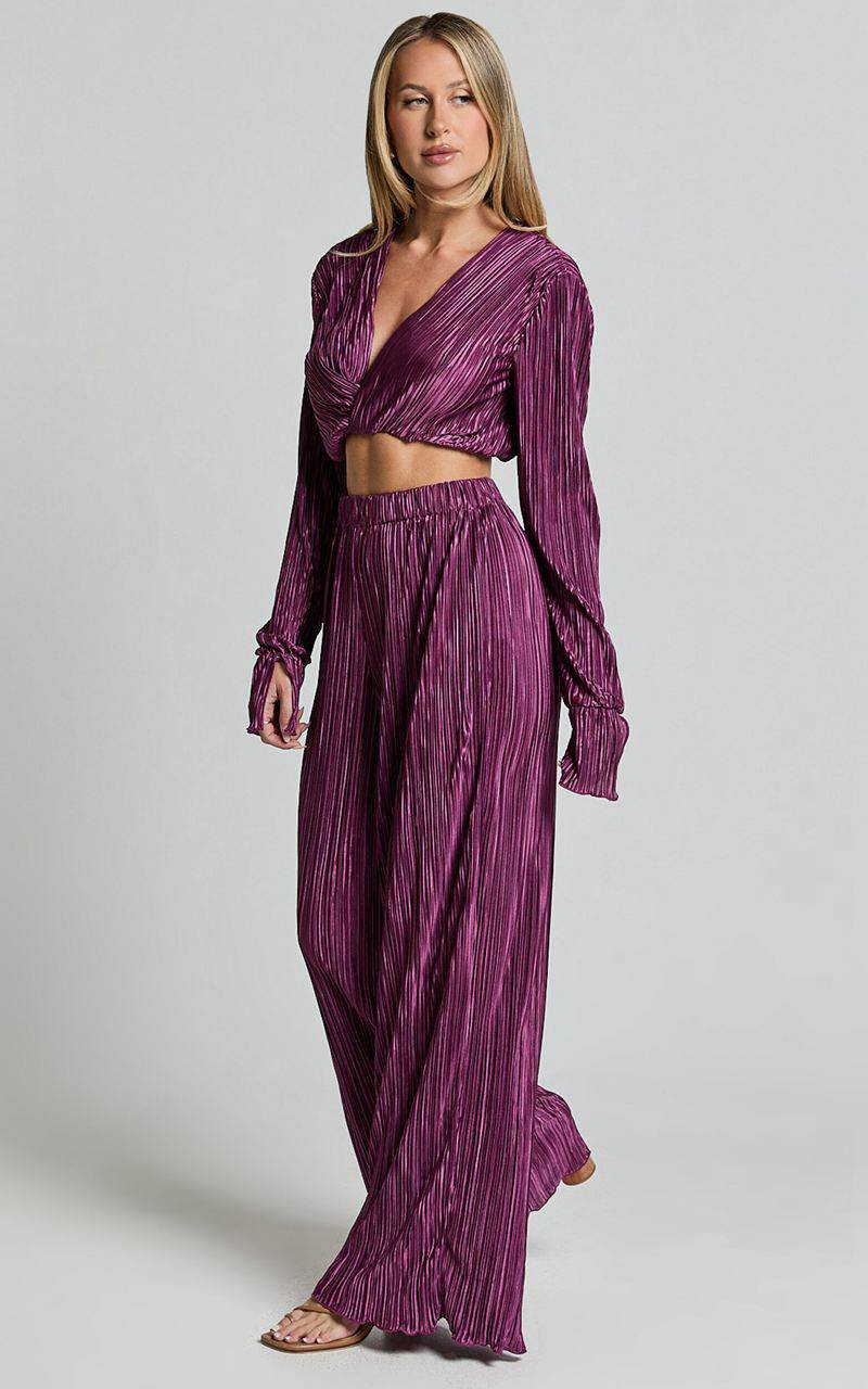 Showpo Aluna Two Piece Set - Plisse Twist Front Crop Top And Wide Leg Pants Set Aubergine | AVPQFE845