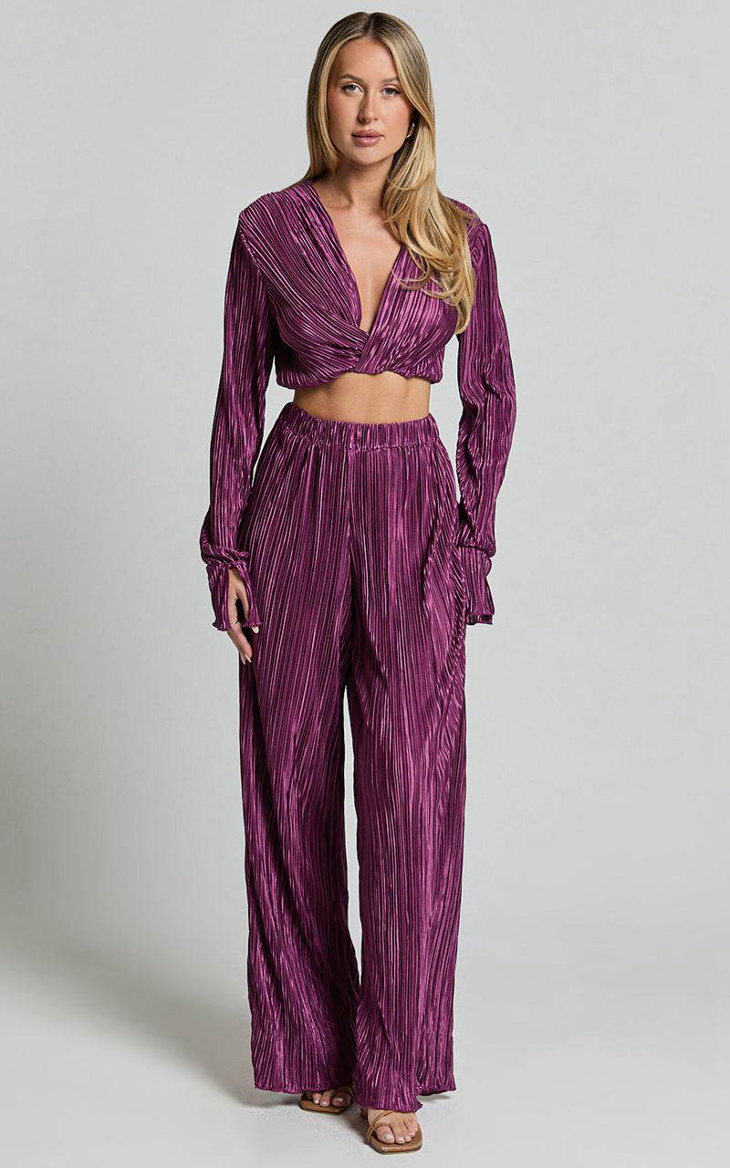 Showpo Aluna Two Piece Set - Plisse Twist Front Crop Top And Wide Leg Pants Set Aubergine | AVPQFE845