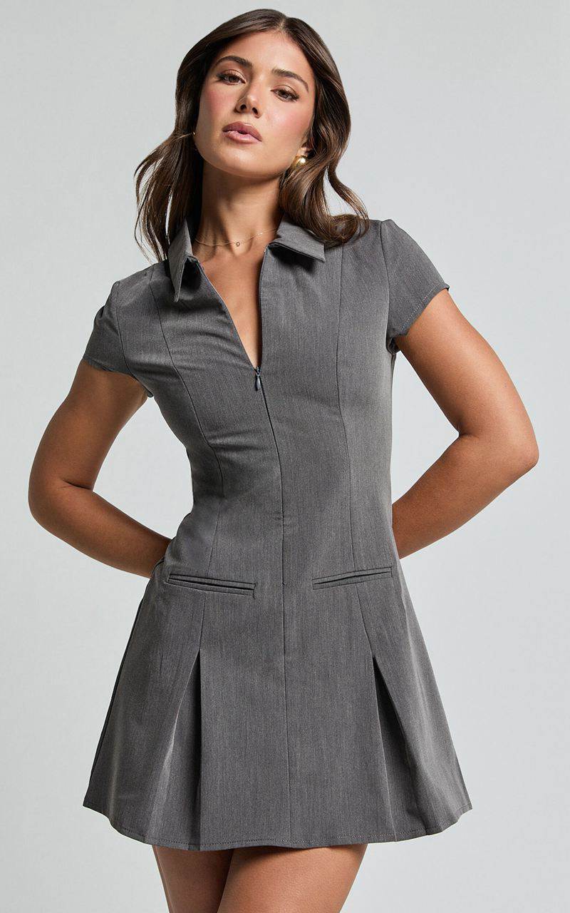 Showpo Alvana Mini Dress - Collared Pleated Dress Grey | JOHQUX935