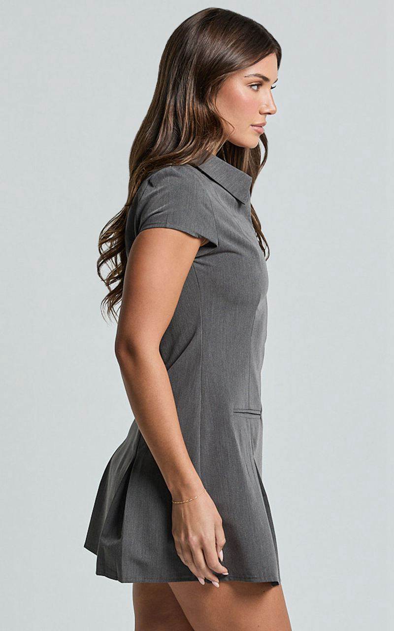 Showpo Alvana Mini Dress - Collared Pleated Dress Grey | JOHQUX935