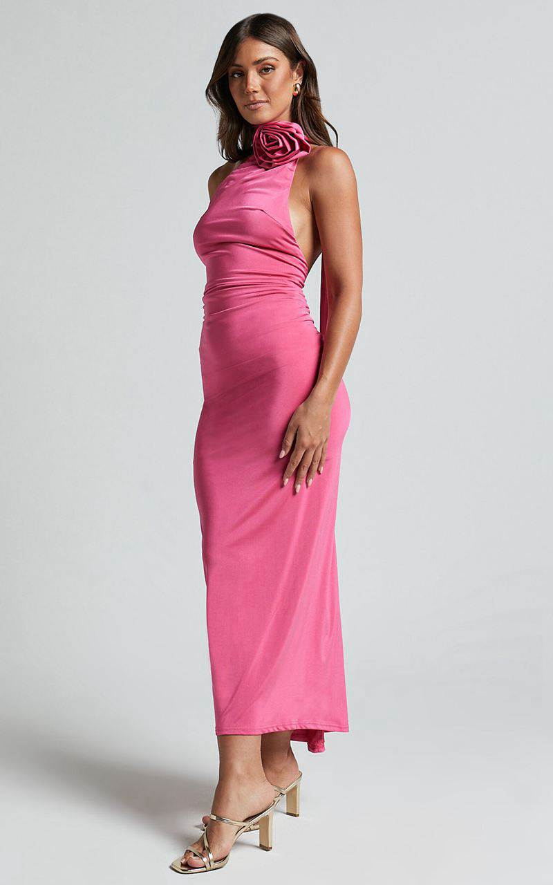 Showpo Alvera Maxi Dress - Rosette Neck Tie Detail Ruched Dress Pink | YIQPAL425