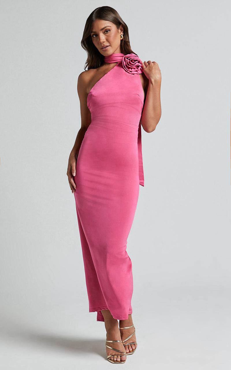 Showpo Alvera Maxi Dress - Rosette Neck Tie Detail Ruched Dress Pink | YIQPAL425