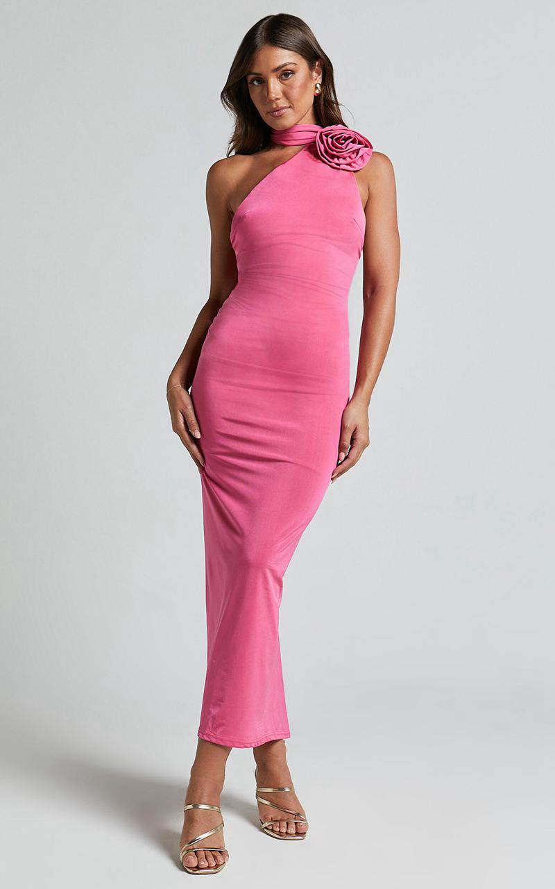 Showpo Alvera Maxi Dress - Rosette Neck Tie Detail Ruched Dress Pink | YIQPAL425