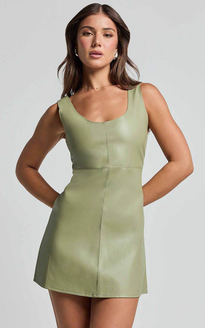 Showpo Alvera Mini Dress - Square Neck Sleeveless A Line Dress Sage | UBZPVD712