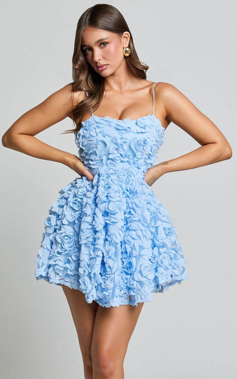 Showpo Alvia Mini Dress - 3d Flower Full Skirt Dress Soft Blue | WPXKCO263