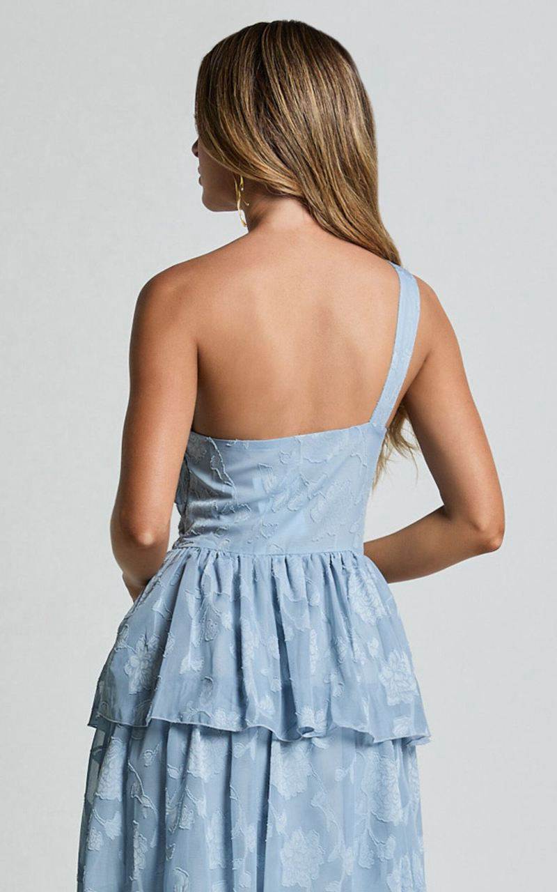 Showpo Alvinia Midi Dress - One Shoulder Cut Out Tiered Dress Light Blue | XSVGTB346