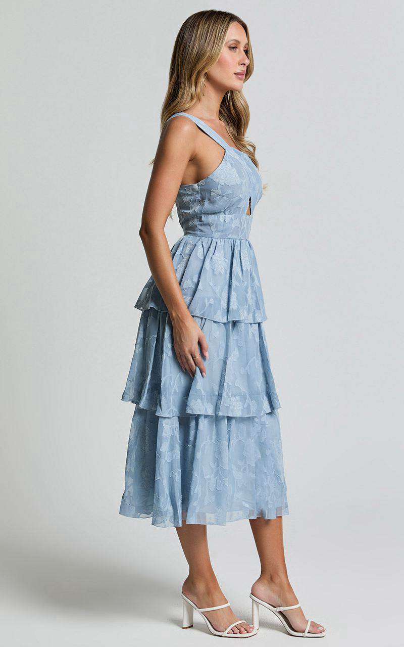 Showpo Alvinia Midi Dress - One Shoulder Cut Out Tiered Dress Light Blue | XSVGTB346