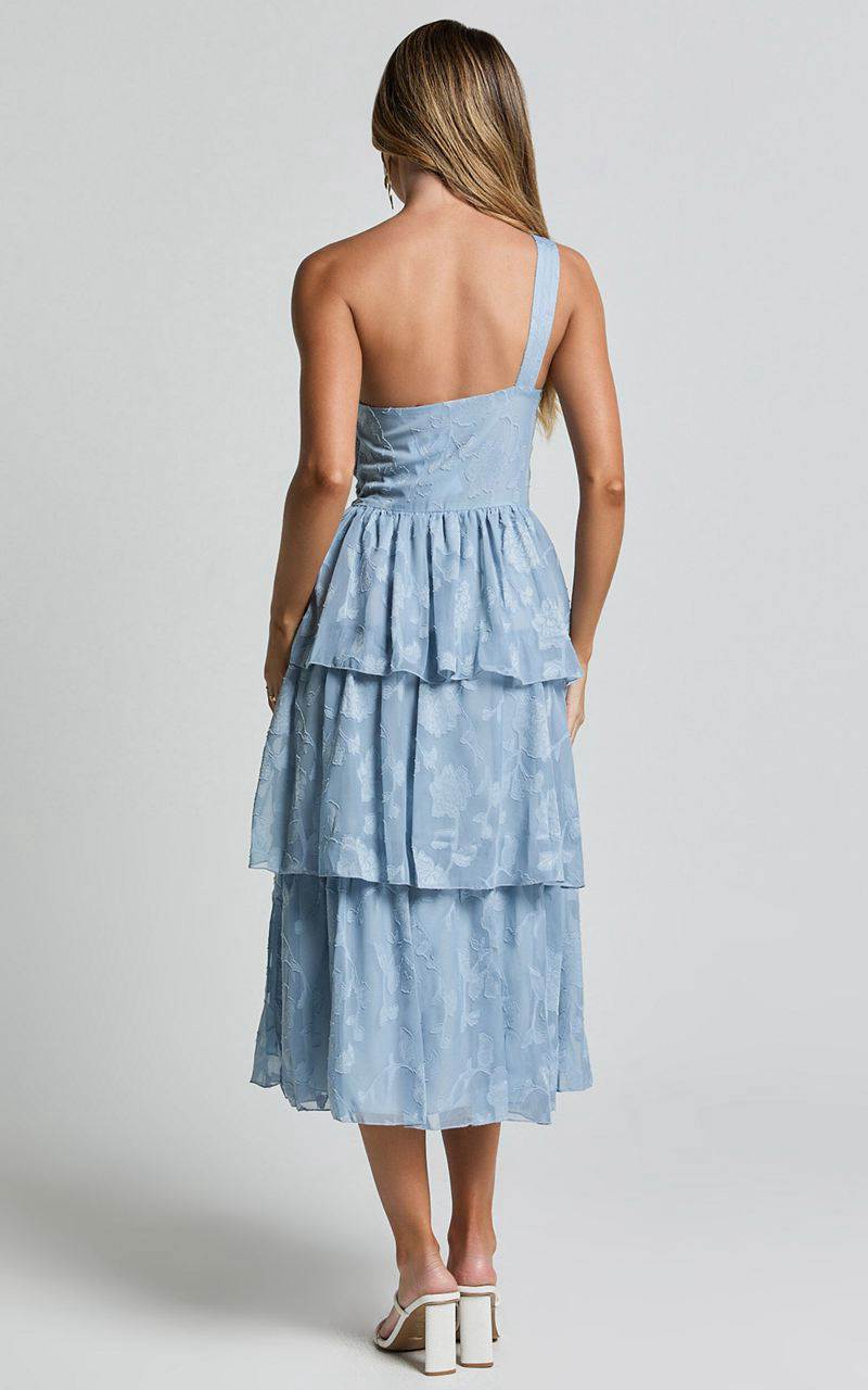 Showpo Alvinia Midi Dress - One Shoulder Cut Out Tiered Dress Light Blue | XSVGTB346