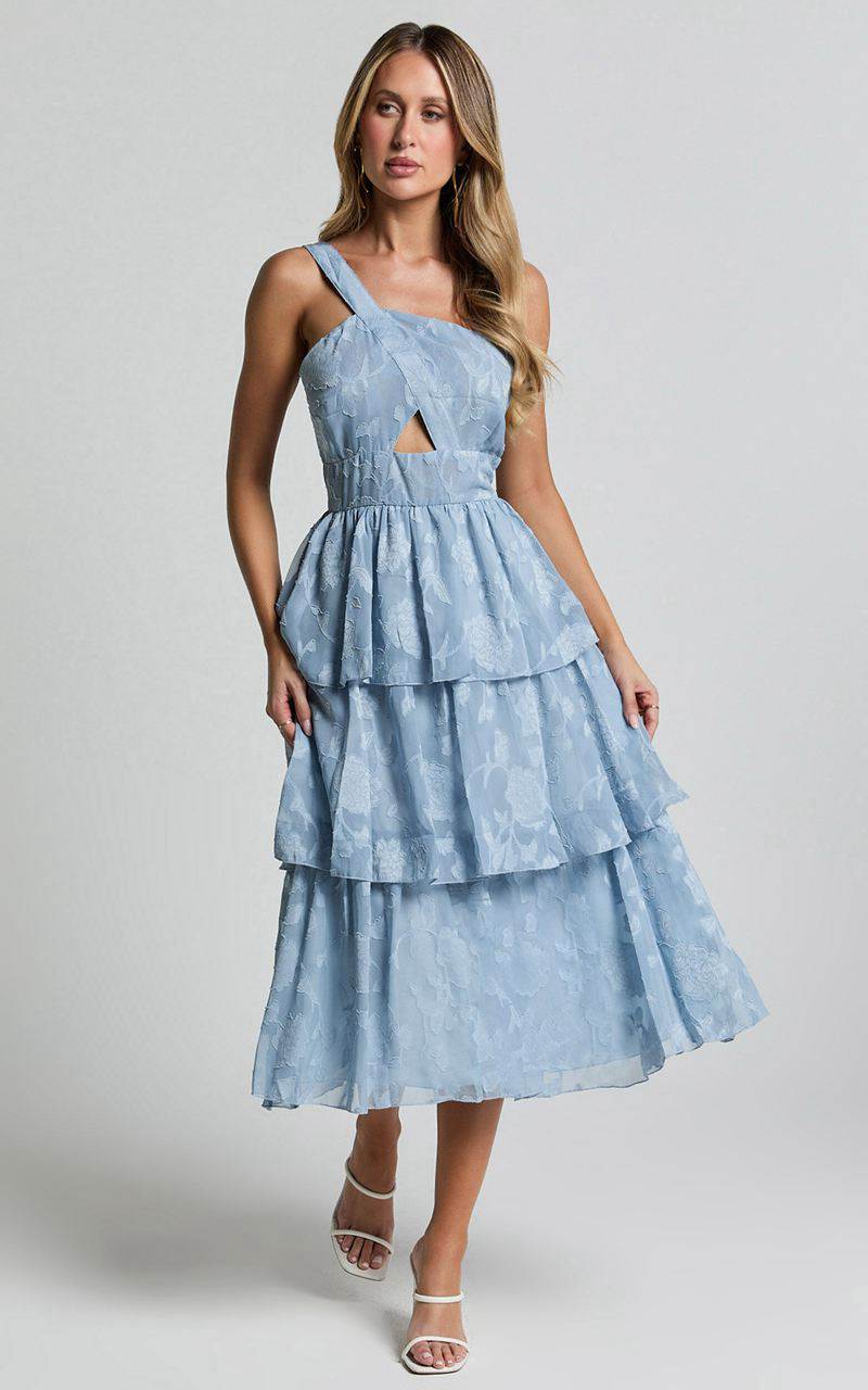 Showpo Alvinia Midi Dress - One Shoulder Cut Out Tiered Dress Light Blue | XSVGTB346