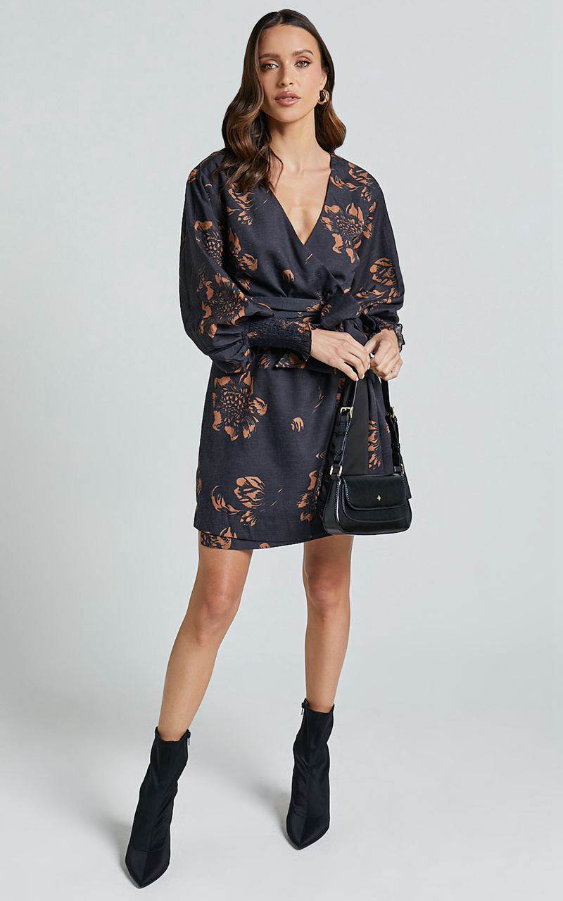 Showpo Alvinia Mini Dress - Balloon Long Sleeve Wrap Dress Black Print | BYAGUM160