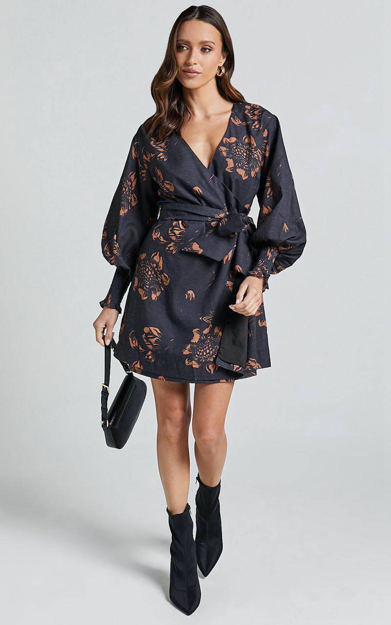 Showpo Alvinia Mini Dress - Balloon Long Sleeve Wrap Dress Black Print | BYAGUM160