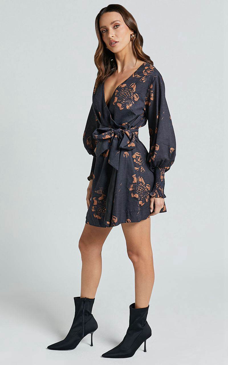 Showpo Alvinia Mini Dress - Balloon Long Sleeve Wrap Dress Black Print | BYAGUM160