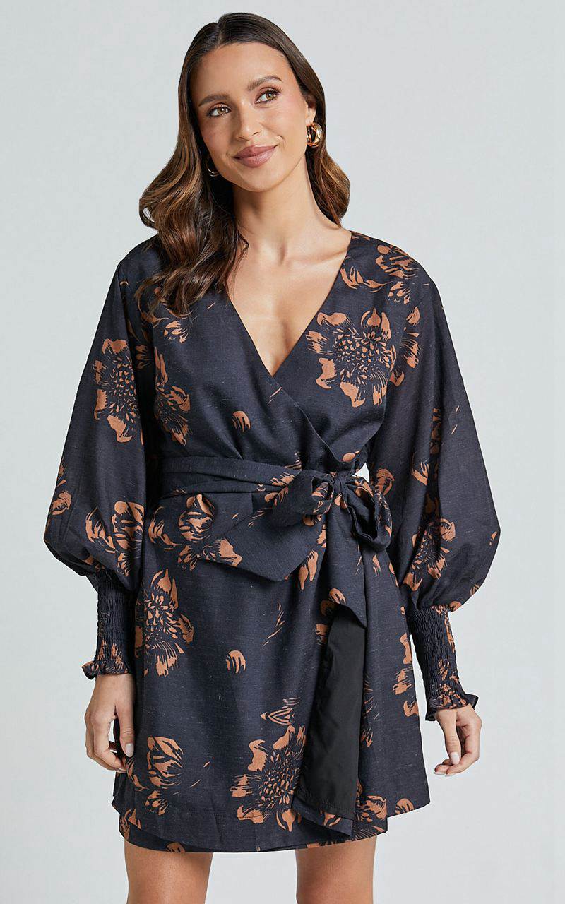 Showpo Alvinia Mini Dress - Balloon Long Sleeve Wrap Dress Black Print | BYAGUM160