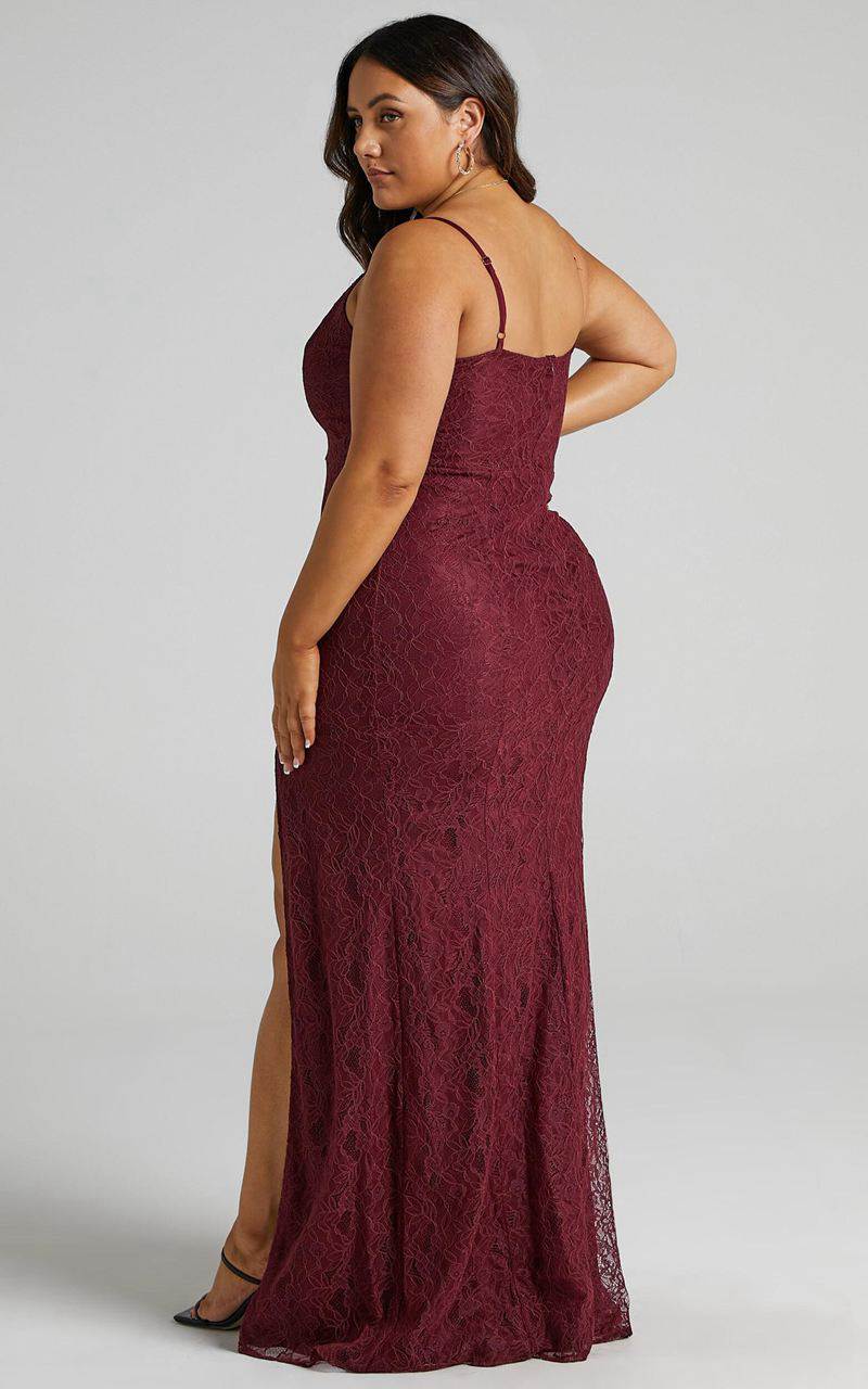 Showpo Always Extra Maxi Dress - Thigh Split Dress Wine Lace | KGNLJX850