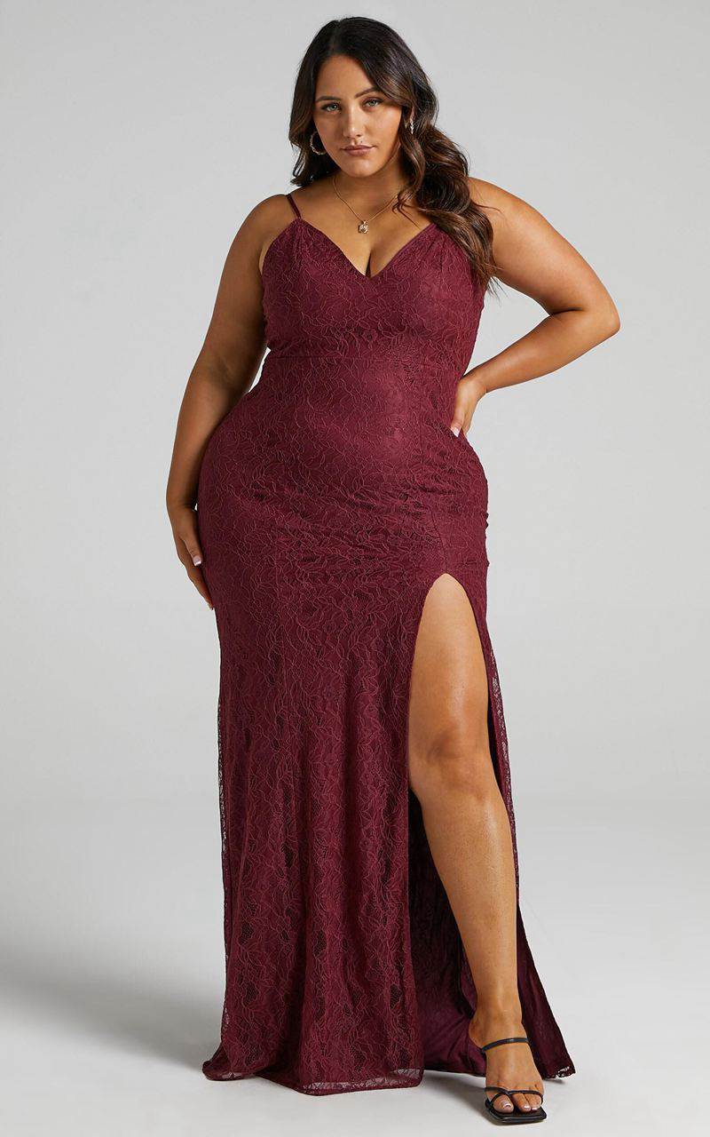 Showpo Always Extra Maxi Dress - Thigh Split Dress Wine Lace | KGNLJX850