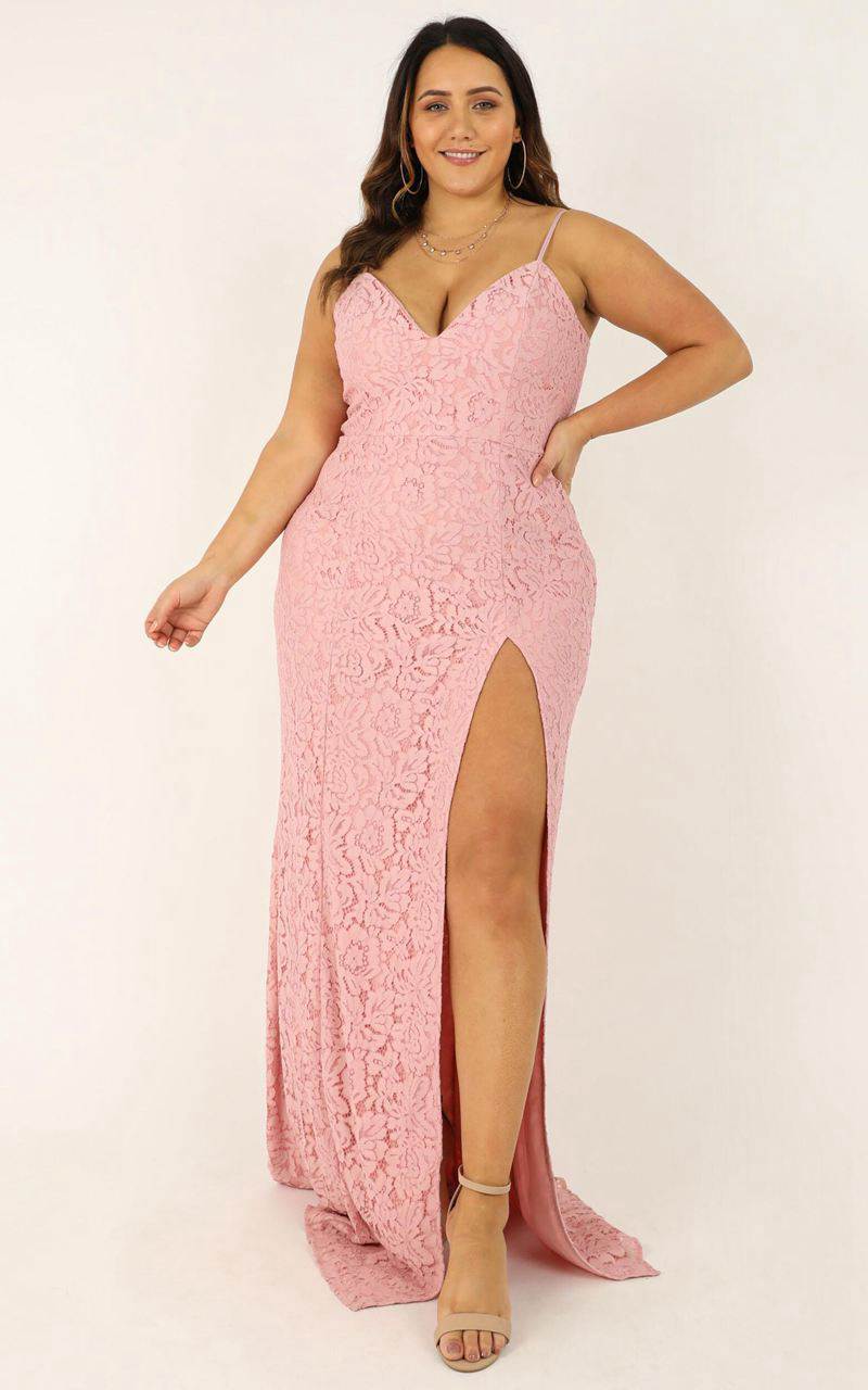 Showpo Always Extra Split Maxi Dress Blush Lace | OADTWG783