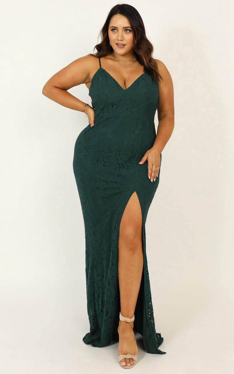 Showpo Always Extra Split Maxi Dress Emerald Lace | OZQXPW079