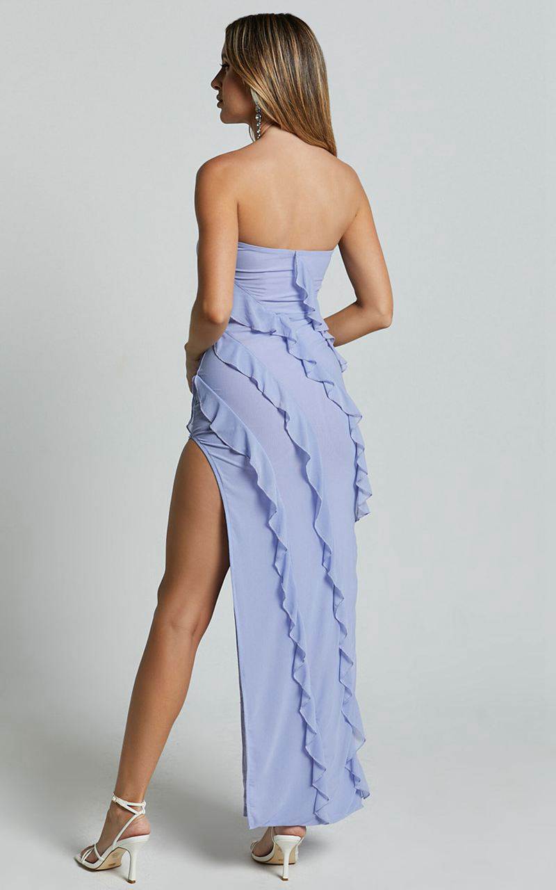 Showpo Alyssa Midi Dress - Strapless High Slit Ruffle Detail Dress Soft Blue | HXLJPM371