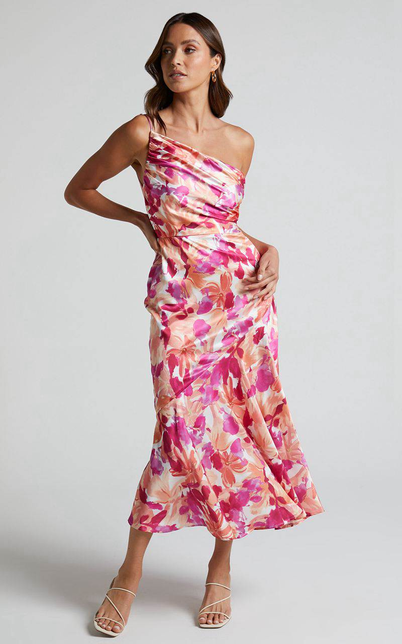 Showpo Alyssia Midi Dress - One Shoulder Ruched Satin Dress Pink Floral | JGLUMX231