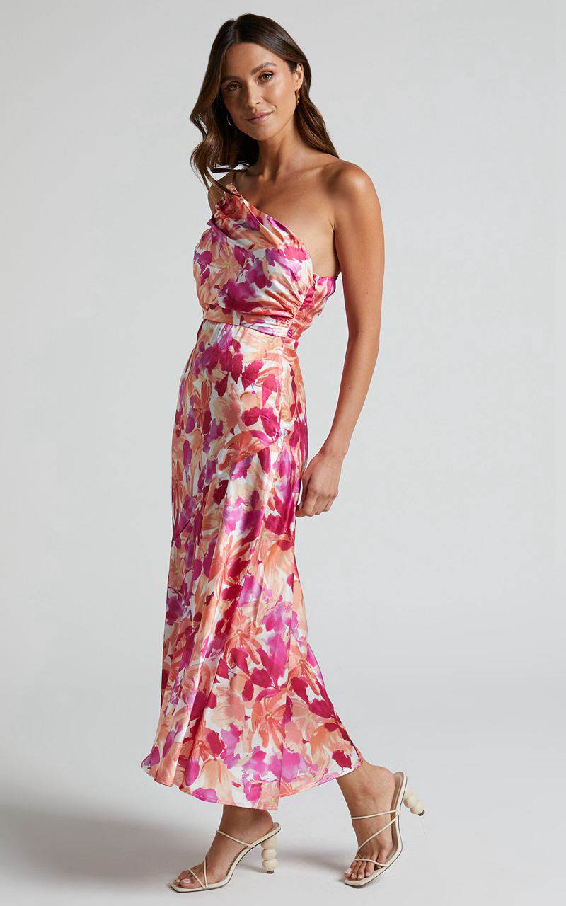 Showpo Alyssia Midi Dress - One Shoulder Ruched Satin Dress Pink Floral | JGLUMX231