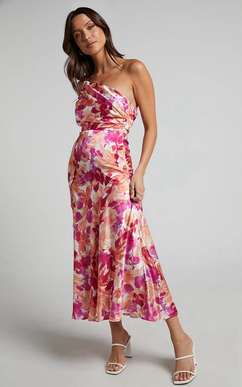 Showpo Alyssia Midi Dress - One Shoulder Ruched Satin Dress Pink Floral | JGLUMX231