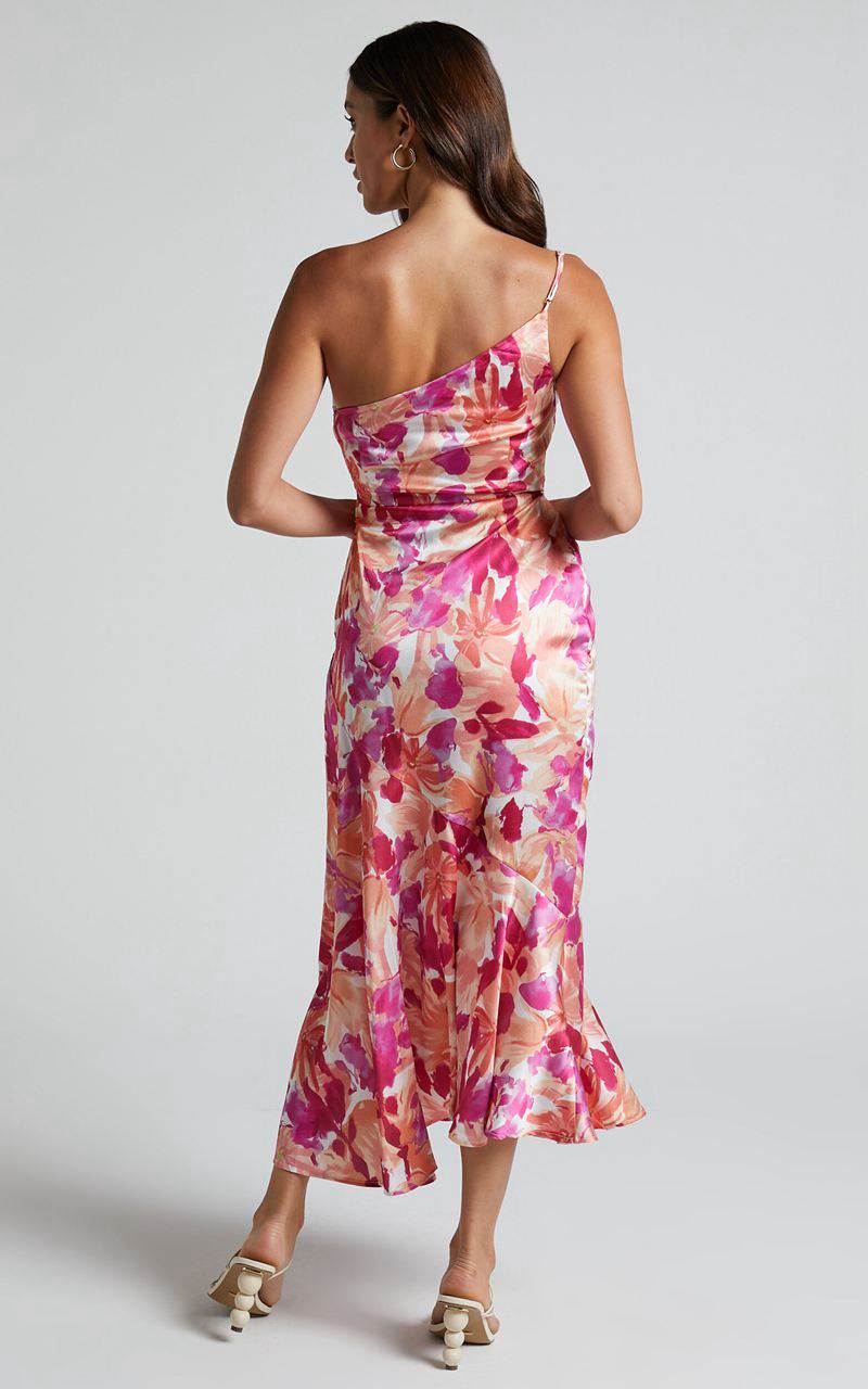 Showpo Alyssia Midi Dress - One Shoulder Ruched Satin Dress Pink Floral | JGLUMX231