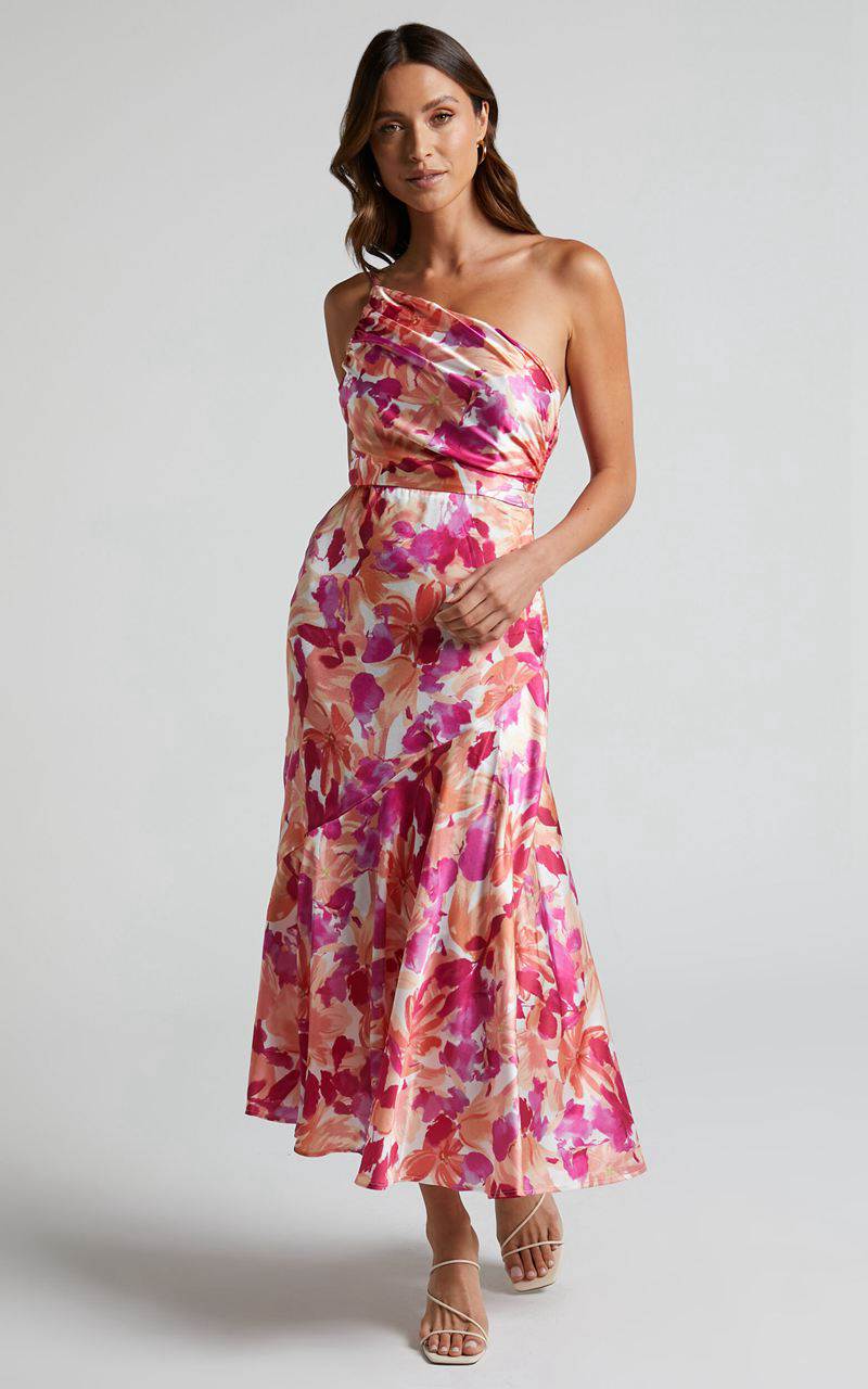 Showpo Alyssia Midi Dress - One Shoulder Ruched Satin Dress Pink Floral | JGLUMX231