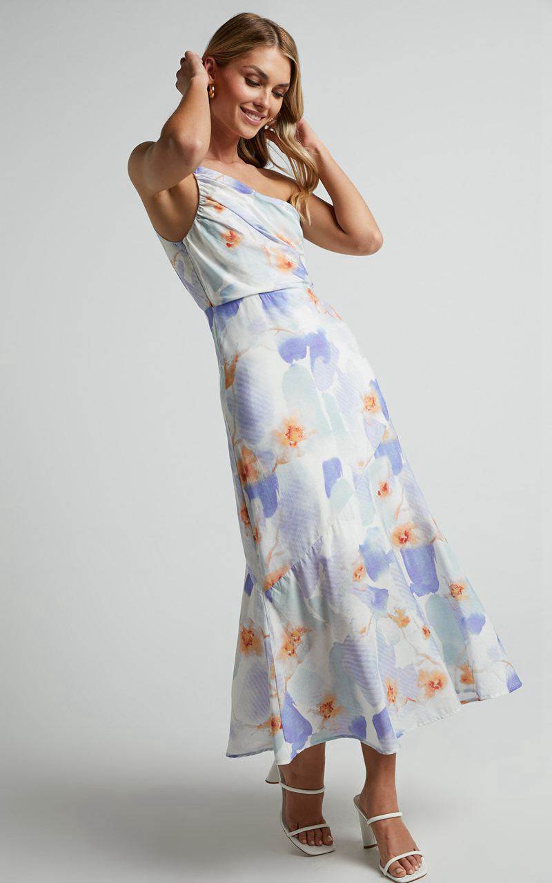 Showpo Alyssia Midi Dress - One Shoulder Ruched Satin Dress Blue Floral | SAMXKF816