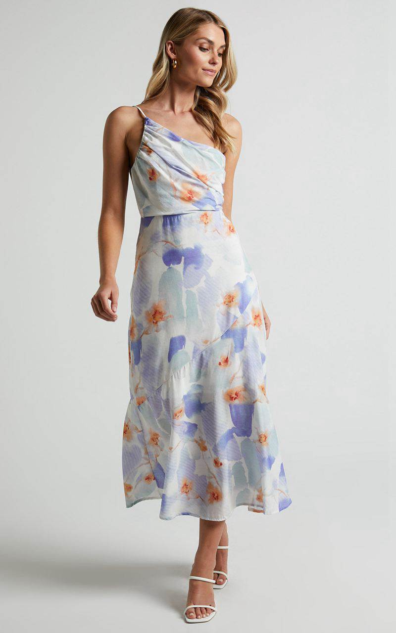 Showpo Alyssia Midi Dress - One Shoulder Ruched Satin Dress Blue Floral | SAMXKF816