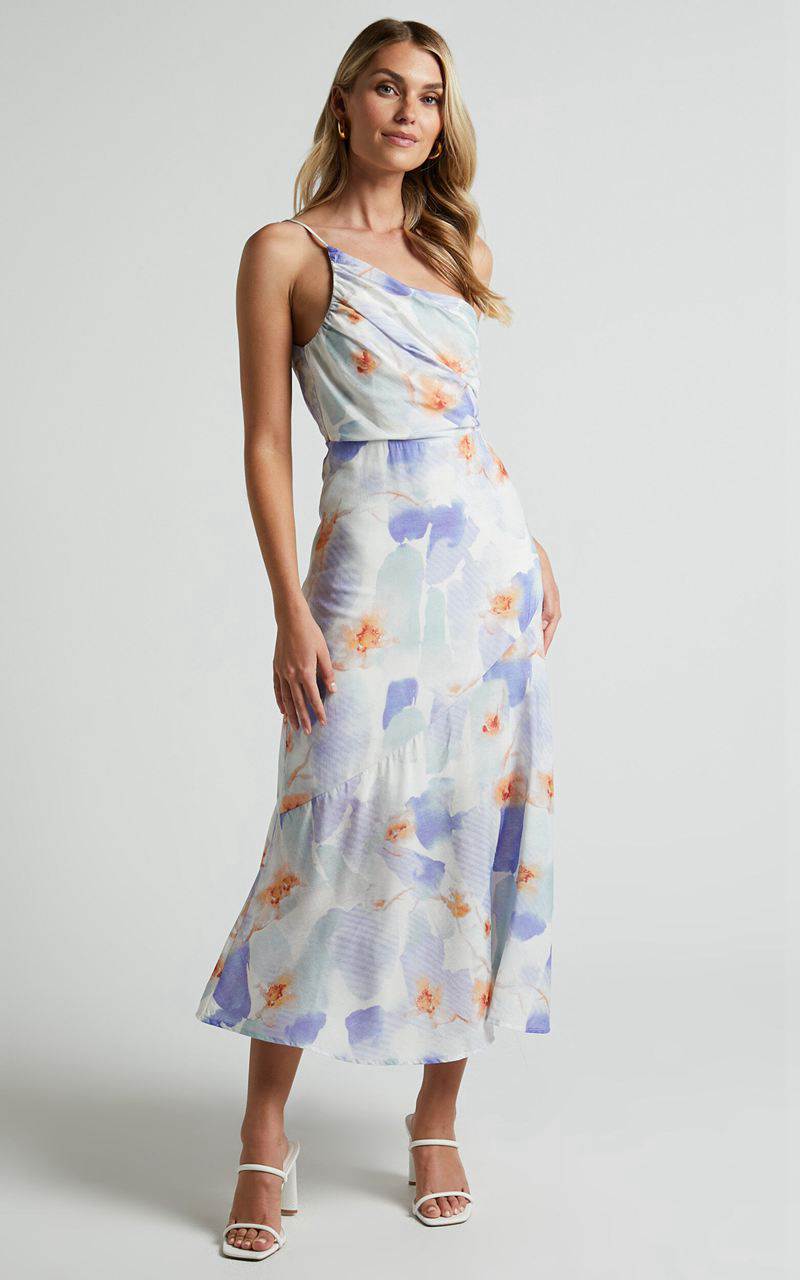 Showpo Alyssia Midi Dress - One Shoulder Ruched Satin Dress Blue Floral | SAMXKF816