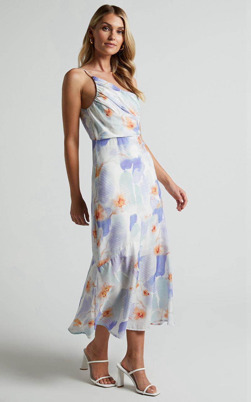 Showpo Alyssia Midi Dress - One Shoulder Ruched Satin Dress Blue Floral | SAMXKF816