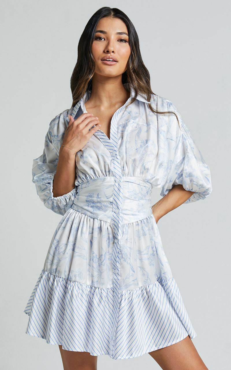 Showpo Amabella Mini Dress - 3/4 Sleeve Collared Button Up Dress Blue | YOGDKN730