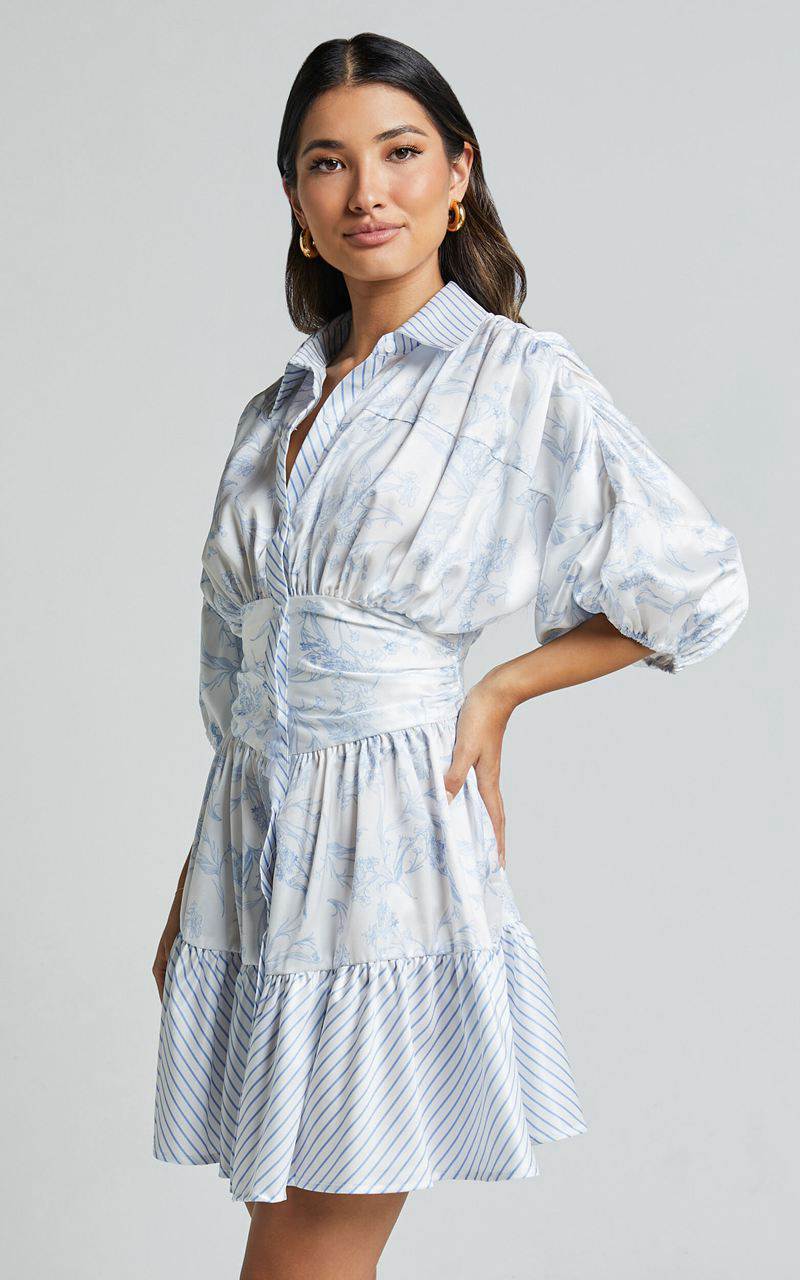 Showpo Amabella Mini Dress - 3/4 Sleeve Collared Button Up Dress Blue | YOGDKN730