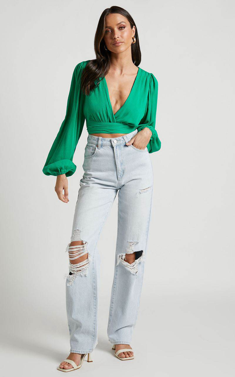 Showpo Amaina Top - Plunge Long Sleeve Wrap Top Green | EUFHWO745