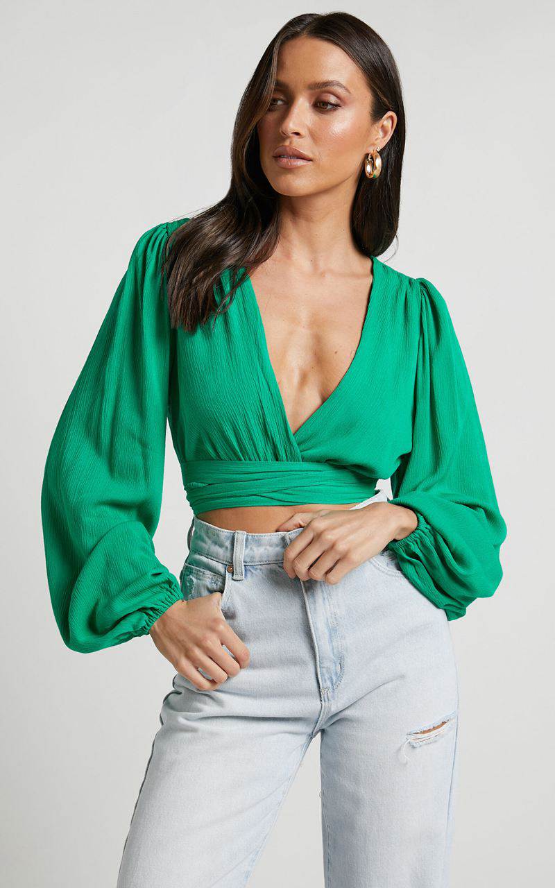 Showpo Amaina Top - Plunge Long Sleeve Wrap Top Green | EUFHWO745