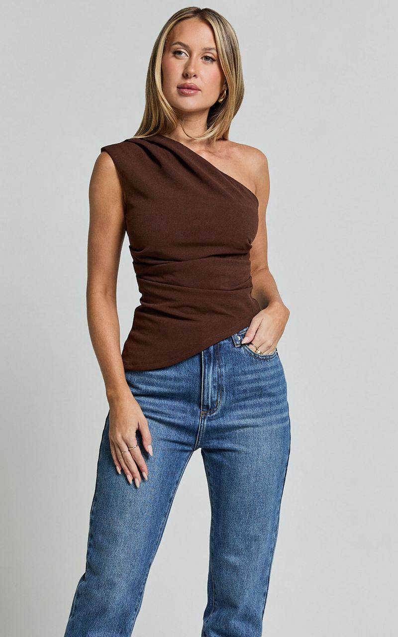 Showpo Amal Top - Asymmetrical One Shoulder Gathered Top Chocolate | KPVSCD927