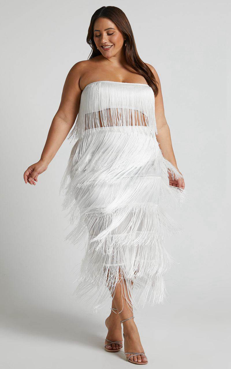 Showpo Amalee Two Piece Set - Fringe Strapless Crop Top And Midi Skirt Set White | HRTXNQ860