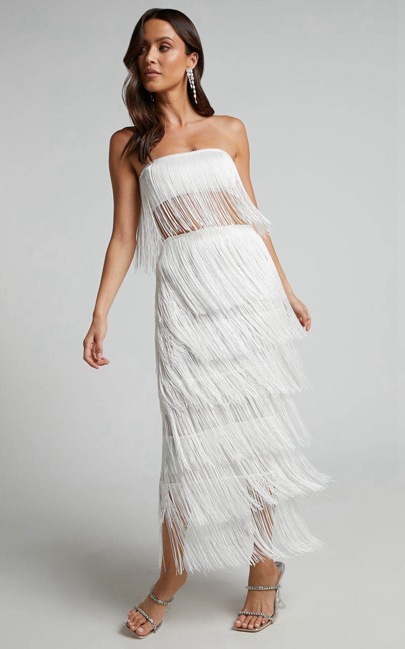 Showpo Amalee Two Piece Set - Fringe Strapless Crop Top And Midi Skirt Set White | HRTXNQ860