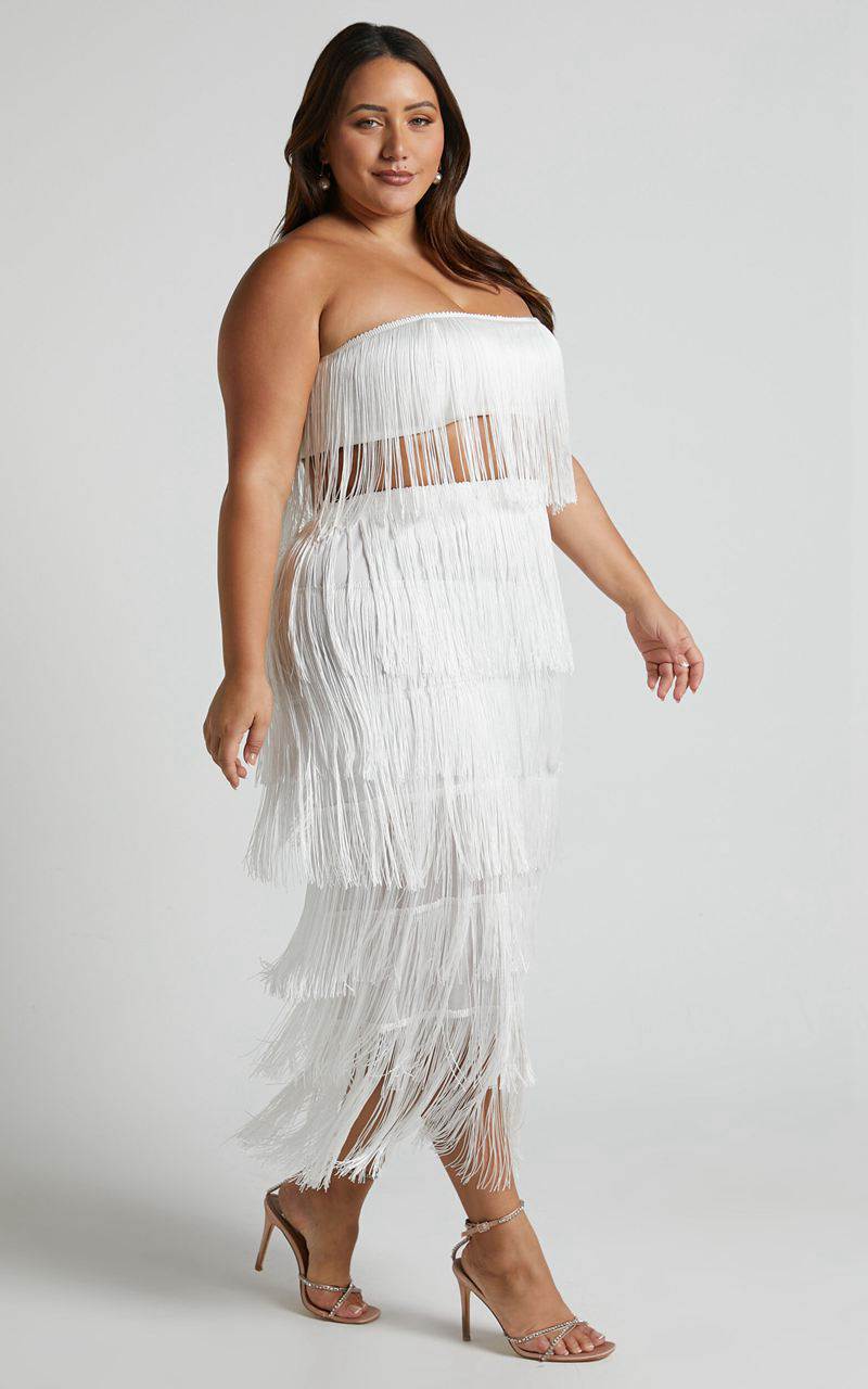 Showpo Amalee Two Piece Set - Fringe Strapless Crop Top And Midi Skirt Set White | HRTXNQ860