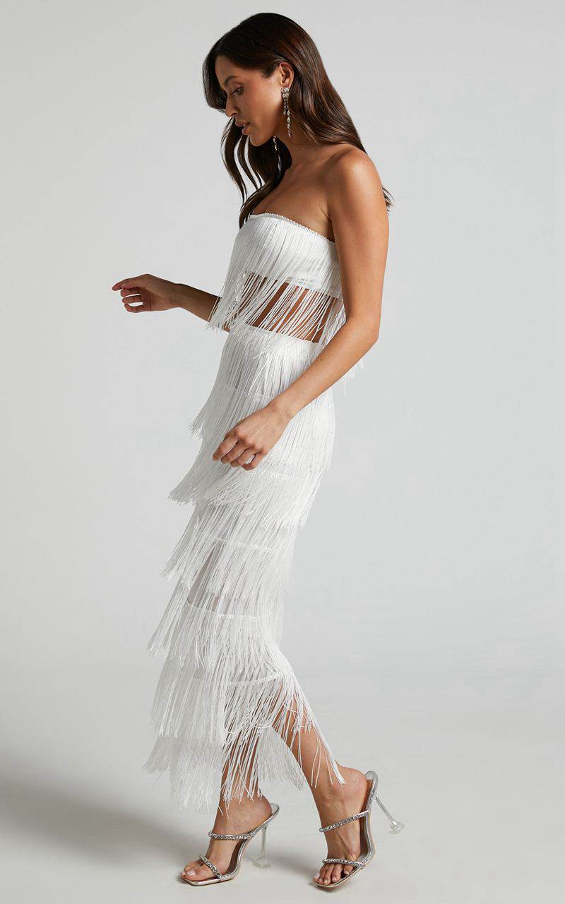 Showpo Amalee Two Piece Set - Fringe Strapless Crop Top And Midi Skirt Set White | HRTXNQ860