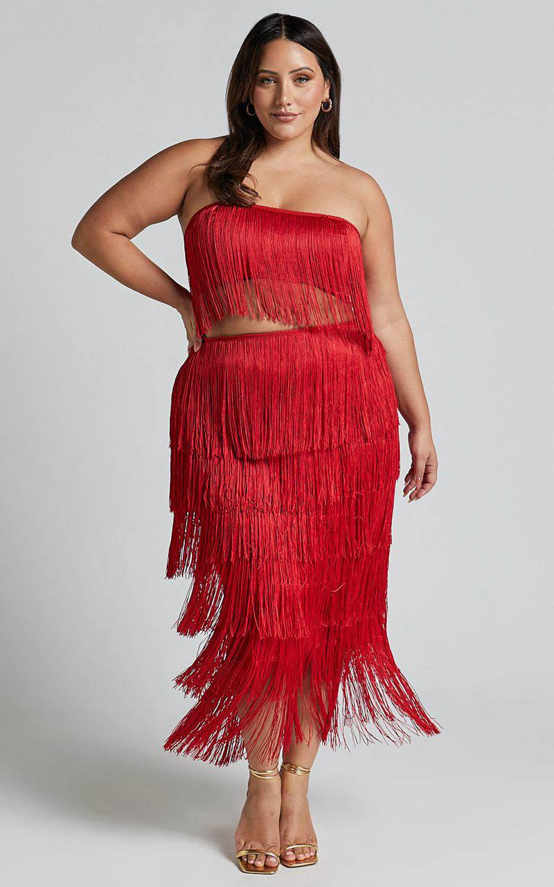 Showpo Amalee Two Piece Set - Fringe Strapless Crop Top And Midi Skirt Set Red | QKTZJG264