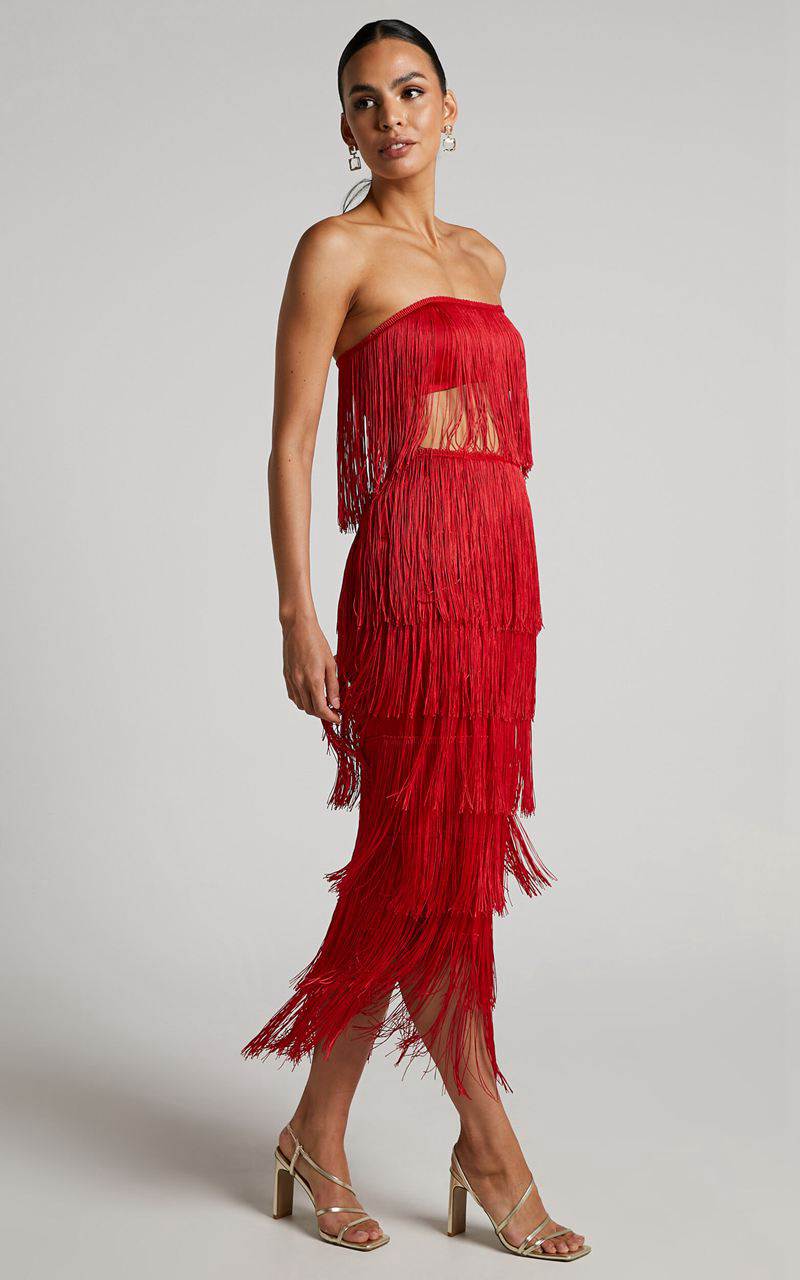 Showpo Amalee Two Piece Set - Fringe Strapless Crop Top And Midi Skirt Set Red | QKTZJG264