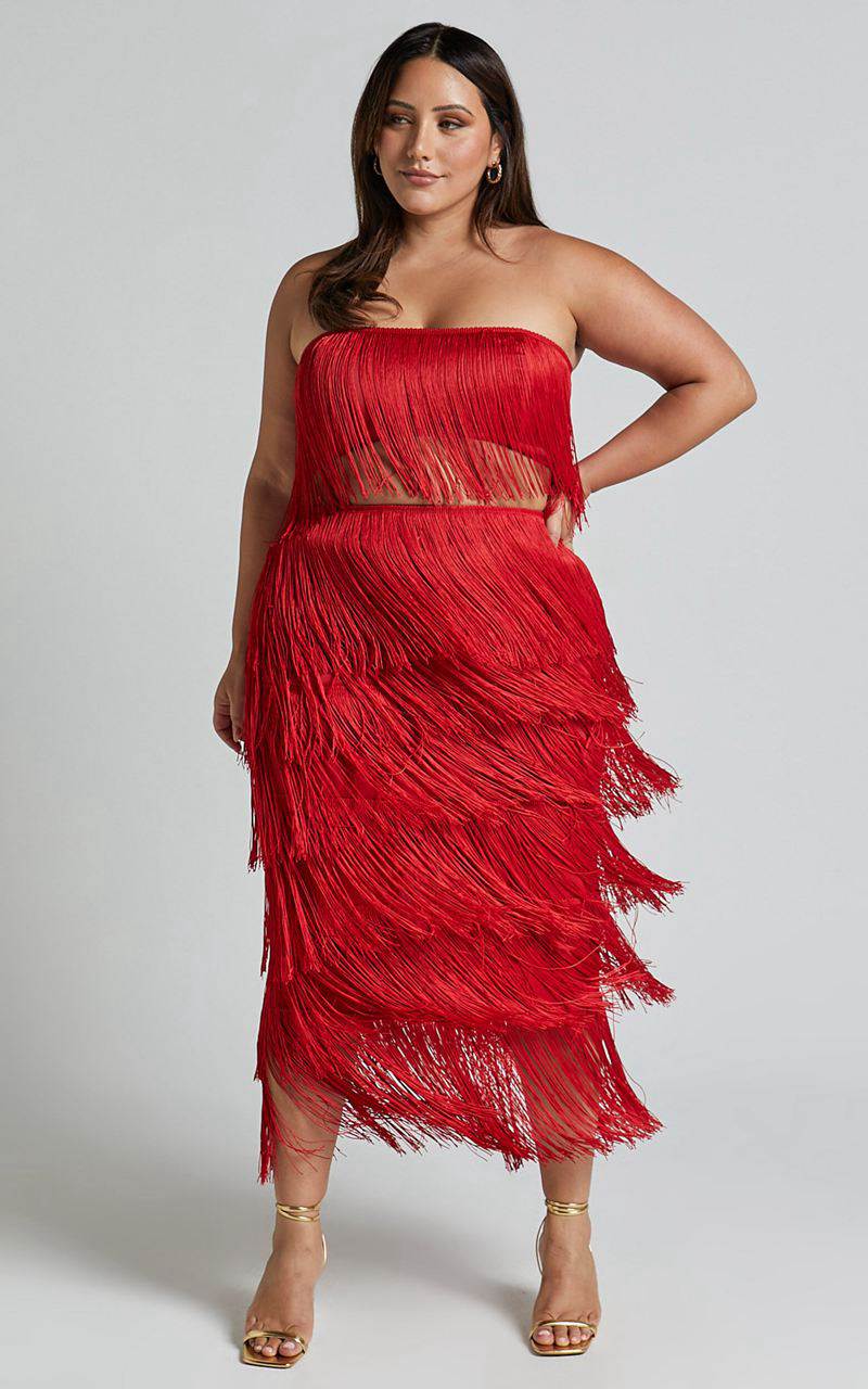 Showpo Amalee Two Piece Set - Fringe Strapless Crop Top And Midi Skirt Set Red | QKTZJG264