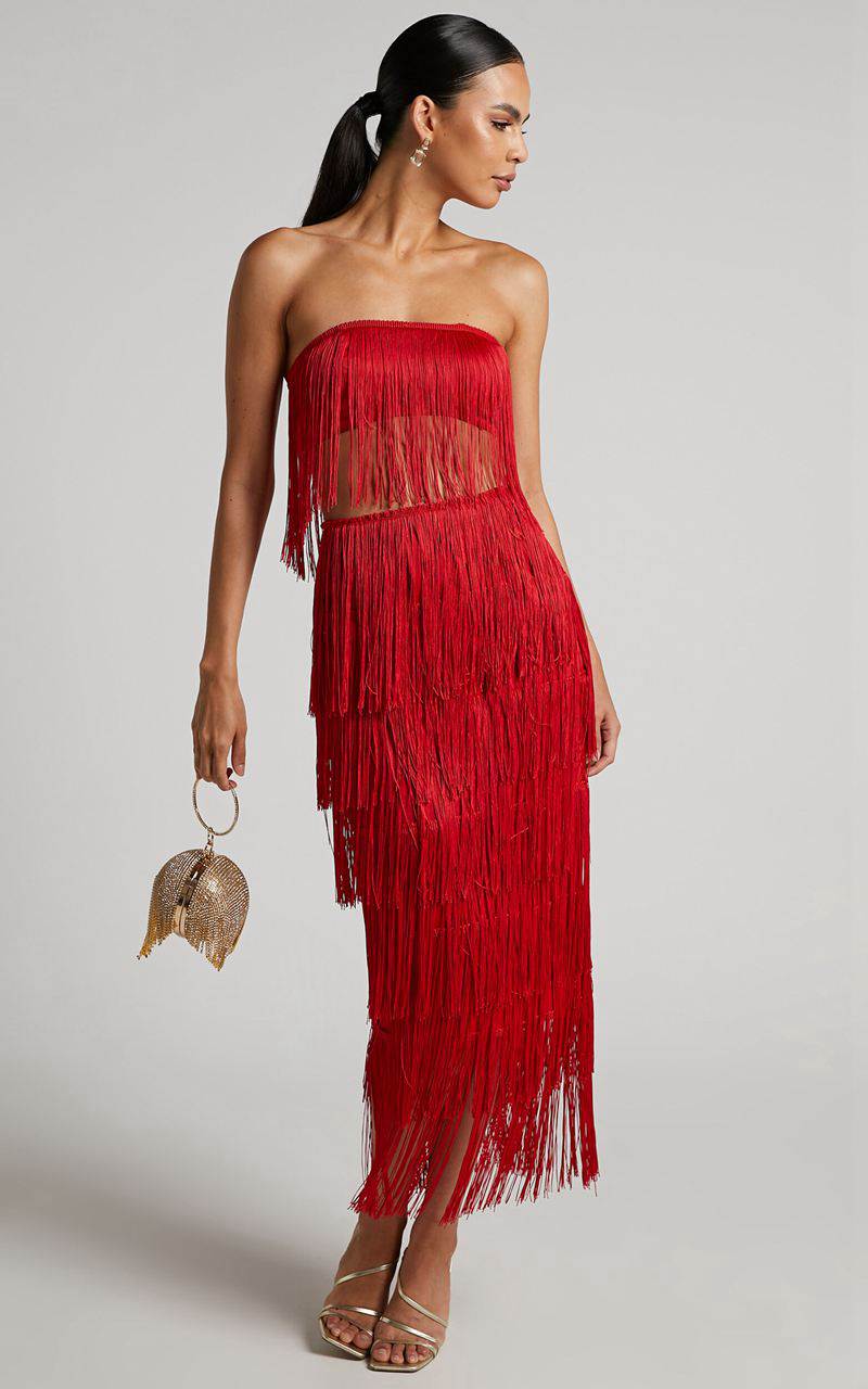 Showpo Amalee Two Piece Set - Fringe Strapless Crop Top And Midi Skirt Set Red | QKTZJG264