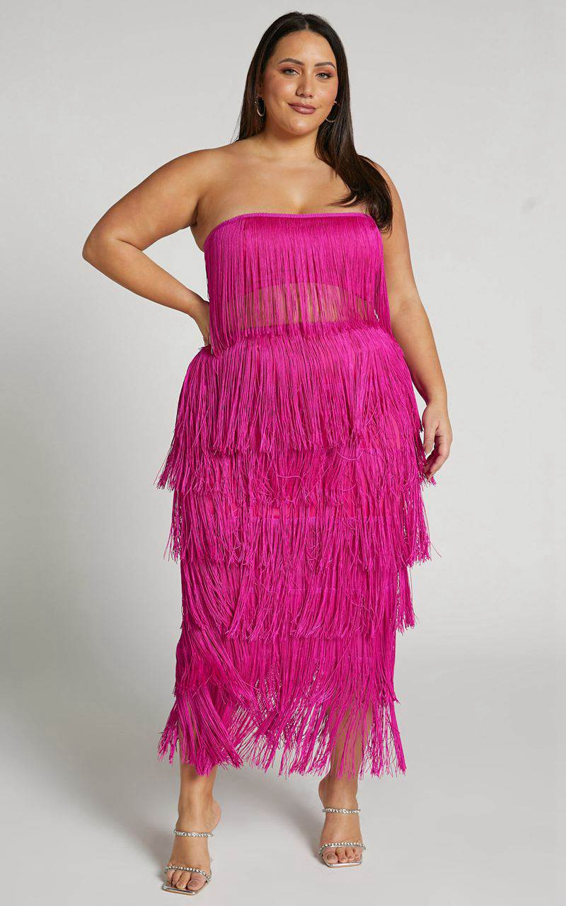 Showpo Amalee Two Piece Set - Fringe Strapless Crop Top And Midi Skirt Set Pink | MJCOUF794