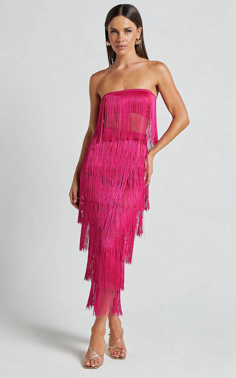 Showpo Amalee Two Piece Set - Fringe Strapless Crop Top And Midi Skirt Set Pink | MJCOUF794