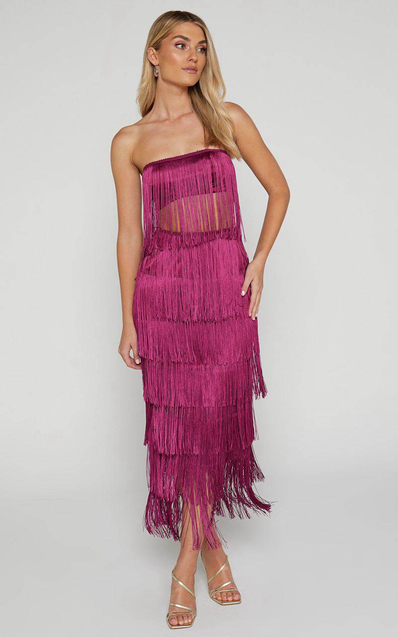 Showpo Amalee Two Piece Set - Fringe Strapless Crop Top And Midi Skirt Set Mulberry | HBKWOP104