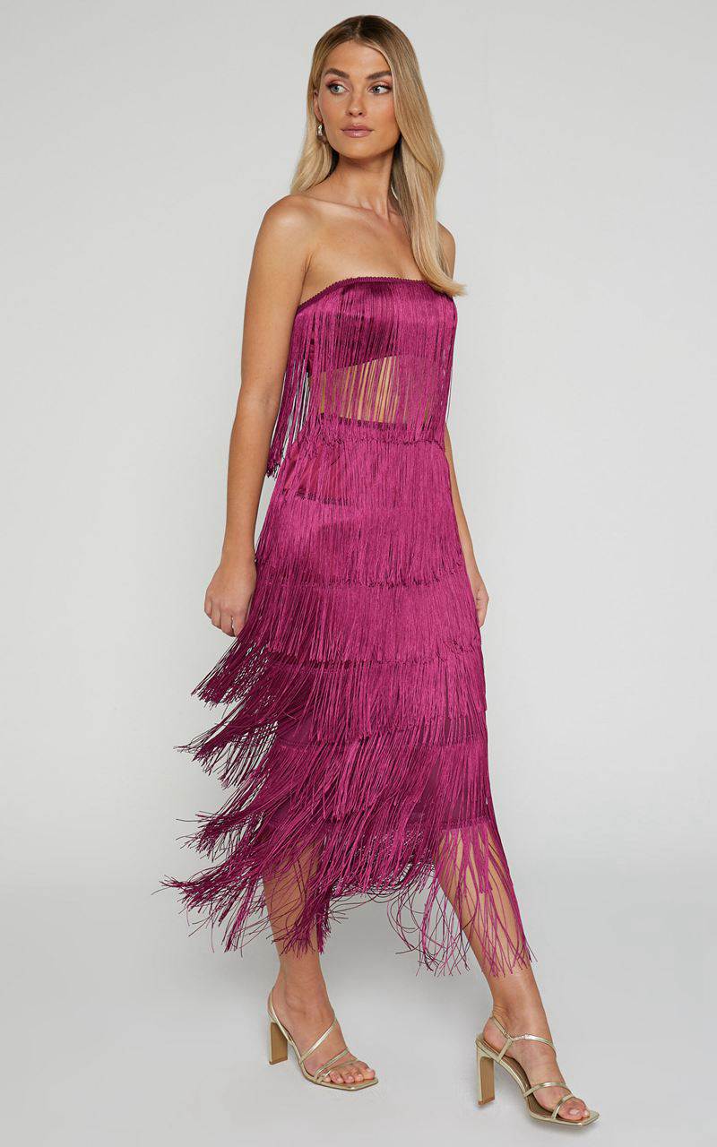 Showpo Amalee Two Piece Set - Fringe Strapless Crop Top And Midi Skirt Set Mulberry | HBKWOP104