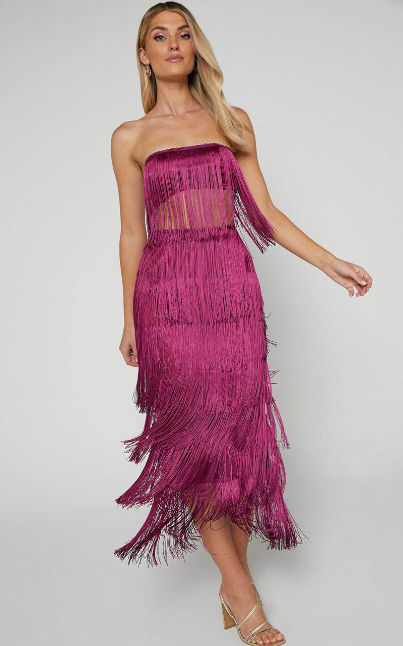 Showpo Amalee Two Piece Set - Fringe Strapless Crop Top And Midi Skirt Set Mulberry | HBKWOP104